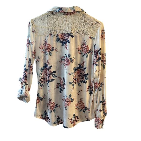 Wishful Park Ivory Floral Lace Button Up Blouse Adjustable Sleeves Size Large - Picture 7 of 7